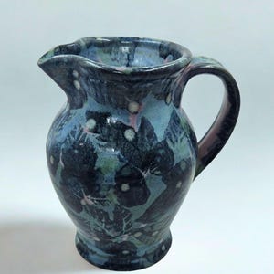 Vintage Studio Art Pottery Pitcher, Leaf Resist Crystalline Glaze, Hand Thrown Water Jug