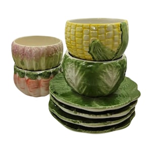 Vintage Majolica Vegetable Ware Set: Hand-Painted Cabbage, Corn, Carrot Bowls, Plates