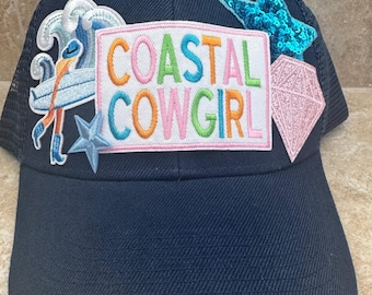 Baseball hat with patches. Coastal Cowgirl theme, blue
