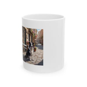 Border Collie Coffee Mug  Elegant Black and White Dog Outdoor Café Scene