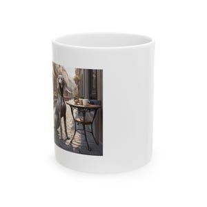 Weimaraner Coffee Mug  Elegant Silver-Gray Dog Outdoor Café Scene