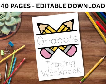 Cuaderno de trabajo editable para trazar nombres: Alfabeto y números para preescolar (PDF)