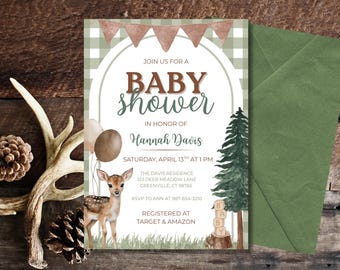 Woodland Deer Baby Shower Invitation | Rustic Greenery (Canva Access)