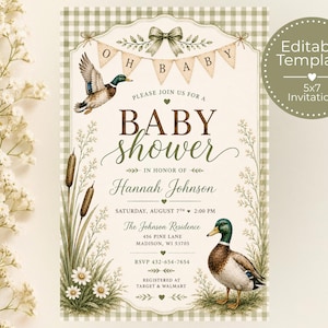 May include: A 12.7 x 17.8 cm editable baby shower invitation template featuring a green gingham border, illustrations of mallard ducks, cattails, and daisies. The text reads Oh Baby, Baby Shower in honour of Hannah Johnson, Saturday, August 7th, 2:00 PM.