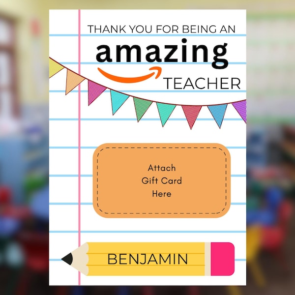 Amazon Teacher Gift Card Holder Printable, Editable Teacher Appreciation Gift, Thank You Teacher Card, Instant Download Canva Template