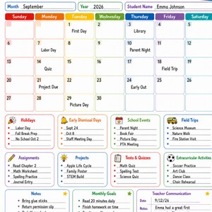 May include: A colorful September 2026 school calendar featuring a grid for daily entries, a student name field for Emma Johnson, and sections for holidays, assignments, projects, tests, quizzes, extracurricular activities, notes, and goals.
