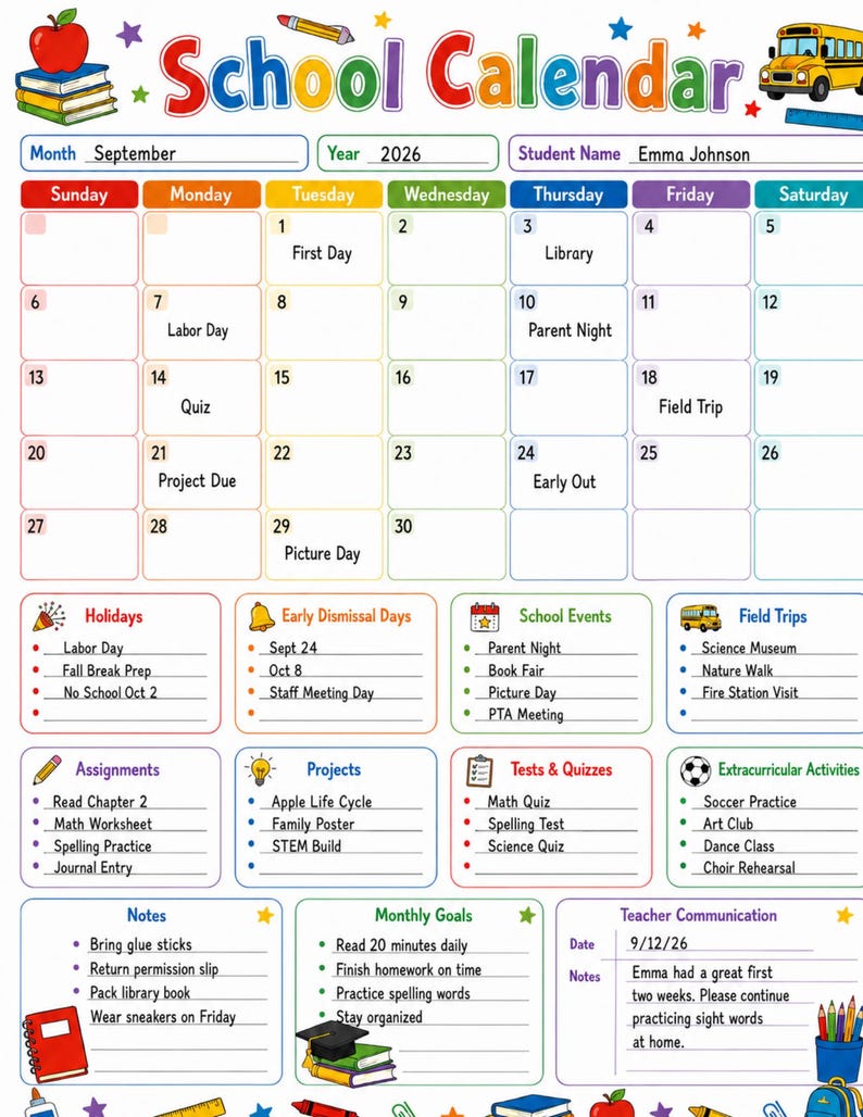 May include: A colorful September 2026 school calendar featuring a grid for daily entries, a student name field for Emma Johnson, and sections for holidays, assignments, projects, tests, quizzes, extracurricular activities, notes, and goals.
