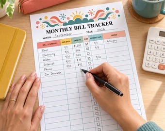 May include: A Monthly Bill Tracker paper sheet with a colorful retro-style header, featuring columns for bill name, due date, amount, paid status, payment date, and notes. The form is filled out for September 2026 with various expenses listed.