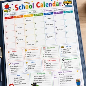 May include: A School Calendar for September 2026 featuring a grid layout with sections for Holidays, Early Dismissal Days, School Events, Field Trips, Assignments, Projects, Tests, Quizzes, Extracurricular Activities, Notes, Goals, and Teacher Communication.