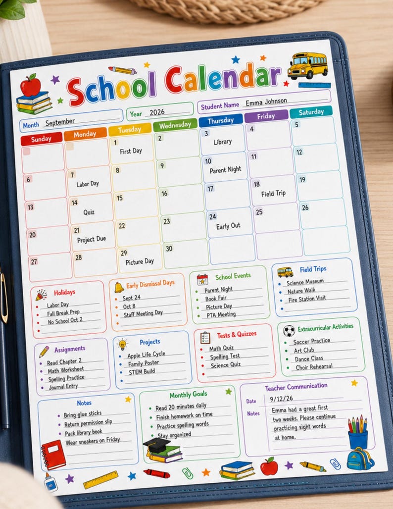 May include: A School Calendar for September 2026 featuring a grid layout with sections for Holidays, Early Dismissal Days, School Events, Field Trips, Assignments, Projects, Tests, Quizzes, Extracurricular Activities, Notes, Goals, and Teacher Communication.