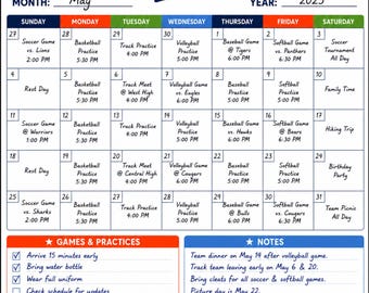 May include: A May 2025 sports calendar featuring a grid with daily scheduled activities, a Games & Practices checklist, and a Notes section. The header displays the text SPORTS Calendar with illustrations of a soccer ball, basketball, football, baseball, softball, and volleyball.