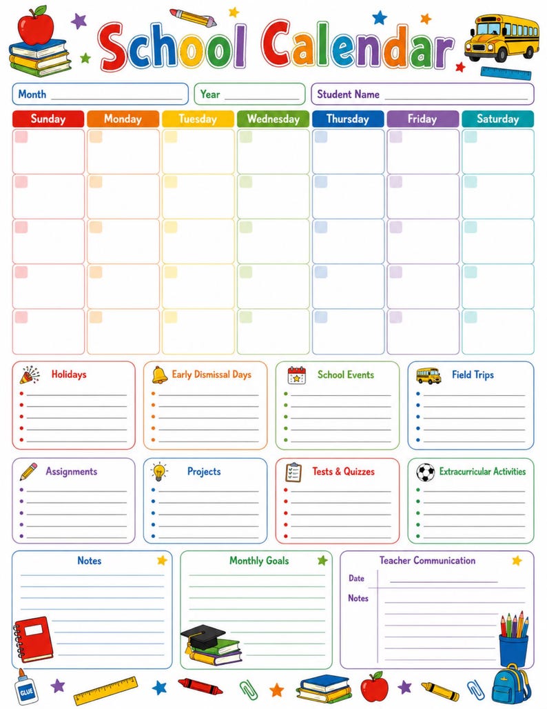 May include: A colorful School Calendar planner sheet featuring a grid for days of the week, sections for holidays, assignments, projects, tests, and goals. Decorated with illustrations of a school bus, books, an apple, and school supplies.