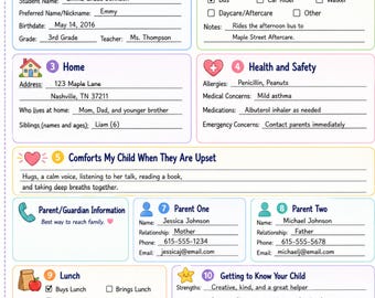 May include: A Student Information Sheet with sections for student details, dismissal, home address, health, parent contact, lunch, and teacher notes. The form is filled out for Emma Grace Johnson, including fields for allergies, emergency contacts, and personal interests.