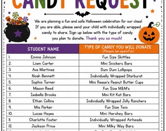 May include: A Halloween candy request sign-up sheet featuring a ghost, a black cauldron, and a jack-o'-lantern. The document includes a table with fifteen numbered rows for student names and candy donations, decorated with bats and a black cat.