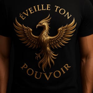May include: Black t-shirt with a gold phoenix design and the French text "Éveille Ton Pouvoir". The phoenix has detailed wings and a regal pose. The text is curved above and below the bird in a decorative font.