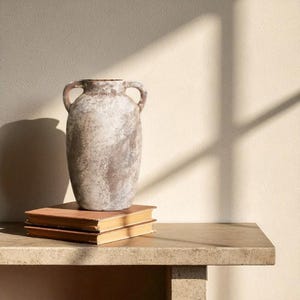 Handcrafted Rustic Ceramic Vase with Dual Handles | Mediterranean Amphora Style | Aged Patina Clay Urn | Vintage-Inspired Modern Home Decor