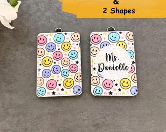 Personalized Smiley Floral Badge Holder, PU Leather ID Card Protector, Badge Holder For Teacher, Customized Gift For Teacher/Nurse/Doctor