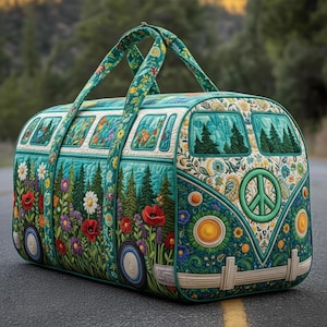 May include: A quilted duffel bag designed as a vintage van, featuring a vibrant floral and forest scene. The bag is primarily teal with white accents, a peace symbol, and floral handles. The wheels are blue and white.