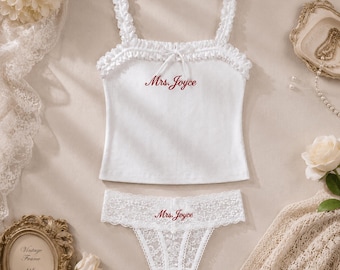 Personalized Bride Lingerie Set, Custom Mrs Lace Underwear, Bridal Pajamas, Wedding Morning Gift Box, Honeymoon PJ Outfit
