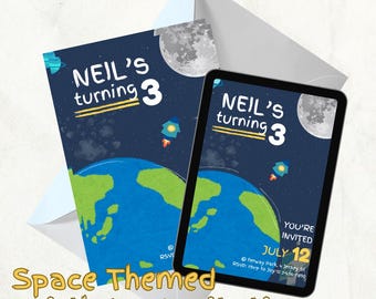 Invitación digital editable para fiesta espacial, plantilla de invitación de cumpleaños espacial, invitación de cumpleaños con temática espacial, plantilla de Canva