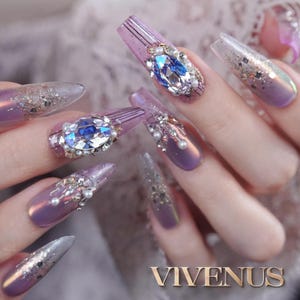 Royal Amethyst | Purple Aurora & Crystal Gems | Luxury Press On Nails | Handmade Glam Manicure