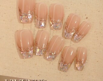 Blush Ombre Press On Nails | Rose Gold Line Art, Crystal Glitter Tips.