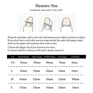 May include: A white graphic with instructions for measuring nail sizes. The text reads "Measure Size" and "VIVENUS NAILART GALLERY". The graphic includes illustrations of how to measure nails and a size chart with measurements in millimeters.