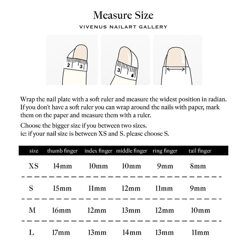 May include: A white graphic with instructions for measuring nail sizes. The text reads "Measure Size" and "VIVENUS NAILART GALLERY". The graphic includes illustrations of how to measure nails and a size chart with measurements in millimeters.