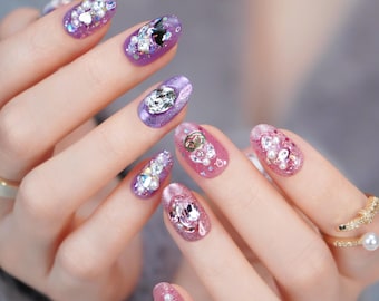 Kawaii Cat Press On Nails: Glitter, Crystals & Pearls, Handmade Nail Set.
