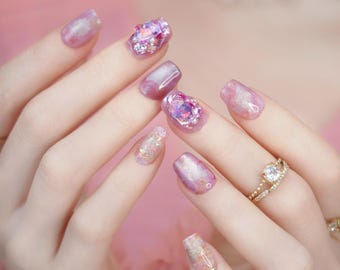 Magical Pink Crystal Press On Nails– Iridescent Gemstone Marble Design