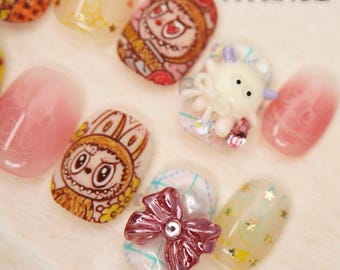 LaLa- Boo Kawaii Monster Nails – Handmade Press On Nail Set with 3D Bow & Charms