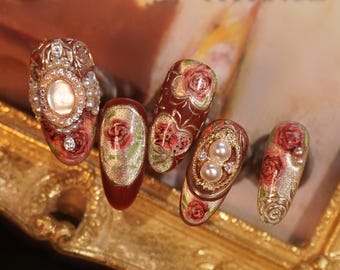 Victorian Rose Luxury Press On Nails – Baroque Gold Pearl 3D Nail Art