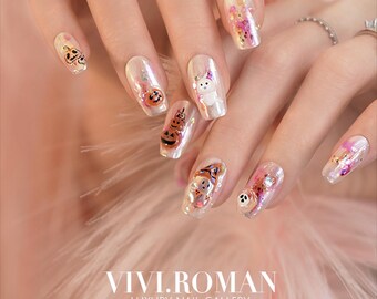 Handmade Halloween Press On Nails: Ghost & Pumpkin Nail Art.