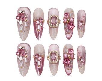 Rose Blush Jewel Nails | Pink Crystal Accent | Elegant Rhinestone Luxury | Handmade Press On Nails