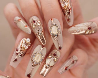 Luxury Gold Gemstone Press-On Nails Handmade 3D Pearl Accent False Nails