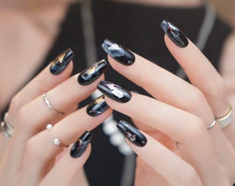 Handmade Smoky Mother of Pearl Press On Nails: Black Marble Iridescent Shell Foil Art.
