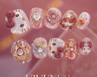 Handmade Kawaii Press On Nails: Pink Kitty Princess, Bows & Crystals.