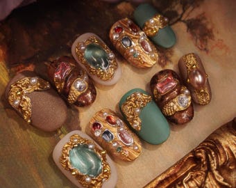 Rococo Baroque Press On Nails | Gold Ornate 3D Nail Art.
