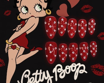 Betty Boop Inspired Red Rhinestone Press On Nails – Retro Glam Handmade Nail Set