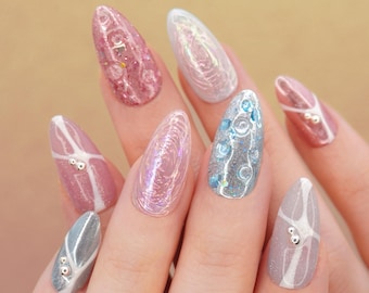 Iridescent Galaxy Press-On Nails: Pink, Blue,Silver Glitter Marble Nail Art