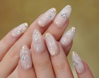 Aurora Pearl Press On Nails, Milky White Glazed Donut, Bridal Frost.