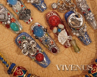 Tibetan Boho Press On Nails | Handmade Gemstone Jewelry Nails | Ethnic Statement Nail Art
