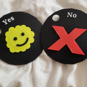 以下が含まれることがあります： 穴の開いた2つの黒い円形オブジェクト。1つは「Yes」の文字と黄色のスマイリーフェイス。もう1つは「No」の文字と赤い「X」の記号。どちらも白い布の背景にあります。