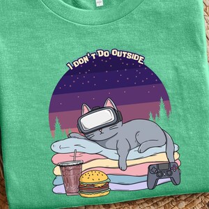 I Don't Do Outside Gamer Shirt, VR Gaming Cat Tee, Indoor Kitty Videogame T-Shirt, Lazy Gamer Gift, Night Scene with Cat and Gaming Gear
