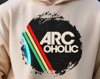 Arc Raiders ARCoholic Gaming Hoodie Retro Arcade Sarcastic Funny Colorful Gamer Hoodie Video Game Grunge Style Vintage Stripes Gamer Gift