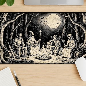 May include: Black and white illustration of a fantasy scene on a desk mat. A group of four figures, including a knight, wizard, archer, and cleric, are gathered around a campfire in a forest under a full moon. A sword, scrolls, and a bow are also visible.