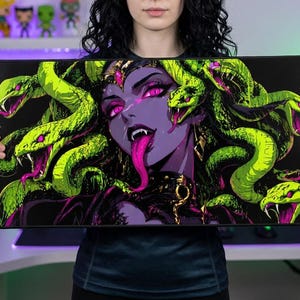 May include: A rectangular black mousepad with a striking illustration of Medusa. The artwork features green snakes, purple skin, and pink eyes and tongue. The design is set against a black background, creating a bold contrast.