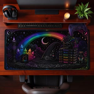 May include: A black desk mat with a mystical theme. It features a rainbow, crescent moons, a witch's hat, crystals, a skull, and books with titles like "Potions" and "Spells." The mat has a dark background with stars and celestial designs.
