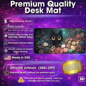 Alfombrilla de escritorio floral con gato negro, alfombrilla de ratón para juegos de anime Cottagecore XXL imagen 3