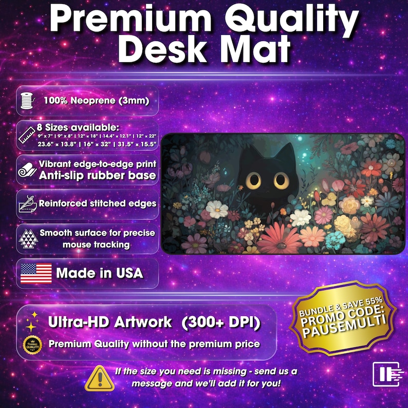 Alfombrilla de escritorio floral con gato negro, alfombrilla de ratón para juegos de anime Cottagecore XXL imagen 3
